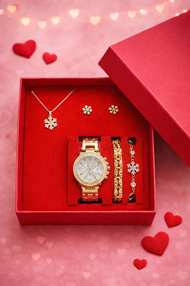 Kadın Kol Saati Saat, Bileklik, Kolye, Küpe Hediye Seti